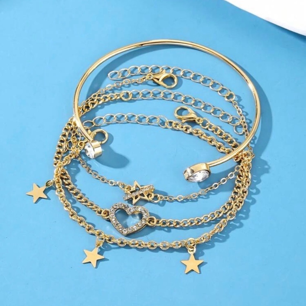 Set of 4 Golden Bracelets with Heart and Stars - Crystals - Picture 2 of 5